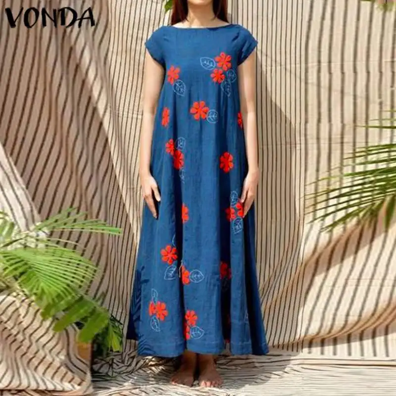 

Dot Printed Maxi Long Dress Women Summer VONDA Brand O Neck Short Sleeve Dresses Casual Loose Party Sundress Plus Size Vestidos