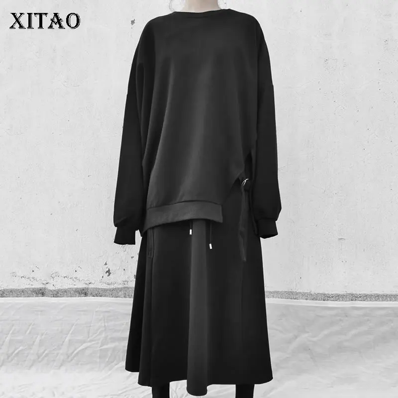 XITAO/толстовка с неровным подолом размера плюс, Свободная Женская одежда с длинным рукавом, весна, новые женские топы с круглым вырезом, Harajuku DMY2639