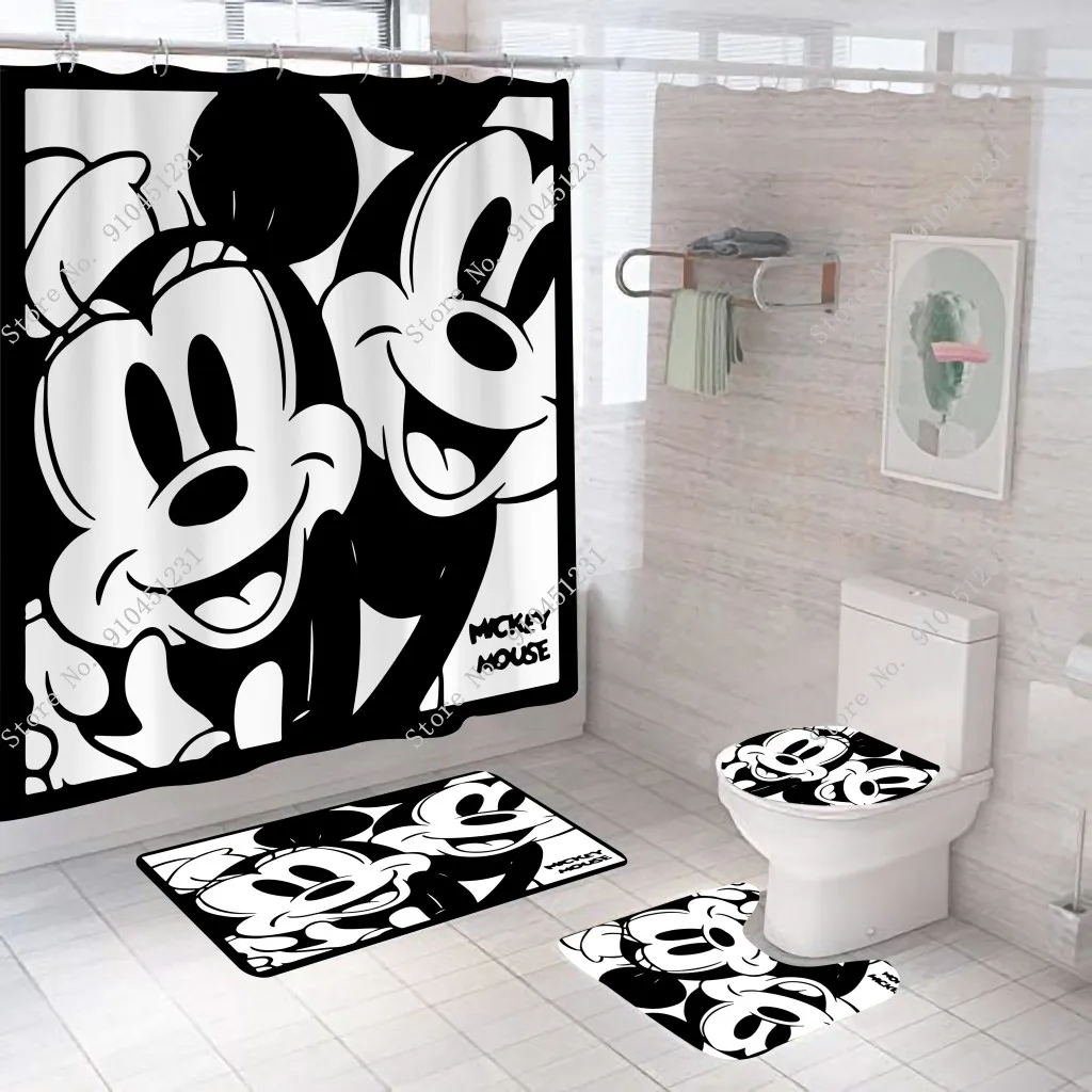 Disney Mickey Minnie Mouse Print Shower Curtain Carpet Black and White Toilet Cover Bath Mat Rug Pad Set Bathroom Hooks | Дом и сад