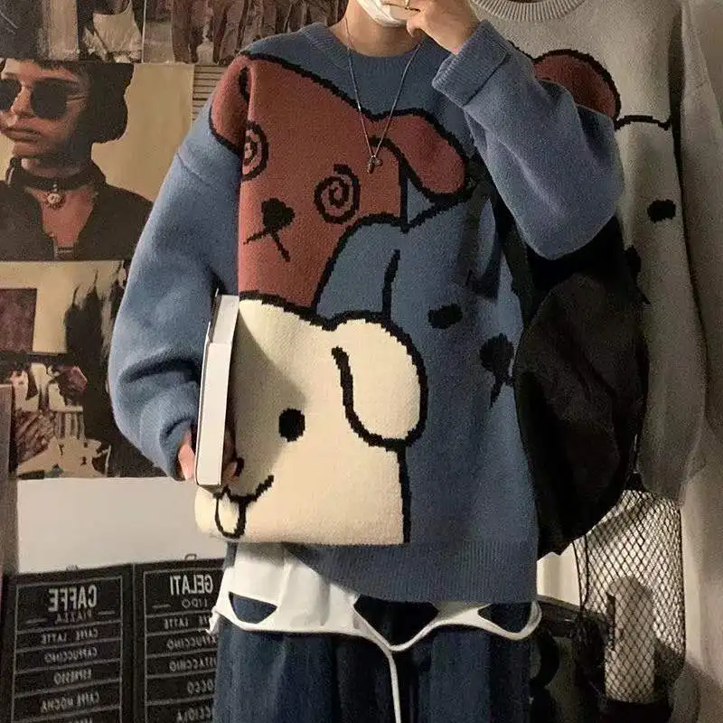

Turtlenecks Three Dogs Sweater 2022 Winter Patchwor Harajuku Korean Style High Neck Oversized Grey Turtleneck Couple Clothes