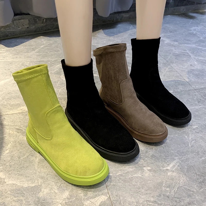 creepers bottom non-slip martin boots new designer solid flock slip-on chelsea botas short ankle booties winter warm women shoes