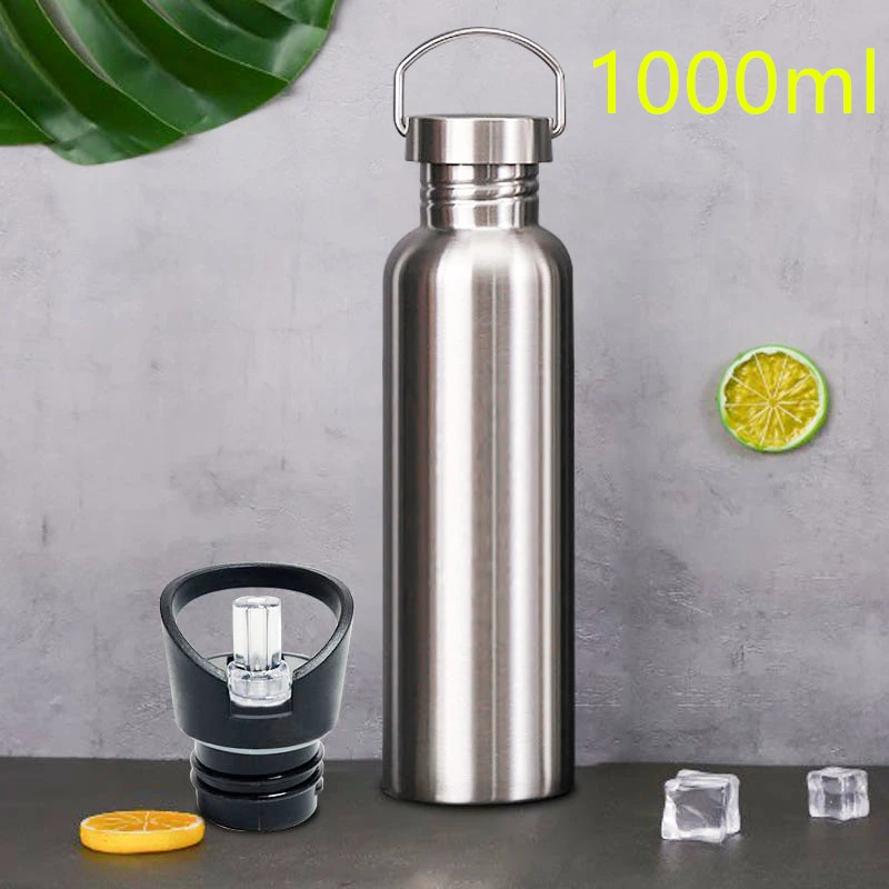 1000ml Нержавеющая сталь Спортивная бутылка для воды с трубочкой гидро фляга горячей и холодной воды бутылки соломинки Кепки 500/750/1000 мл - Цвет: 1000ml