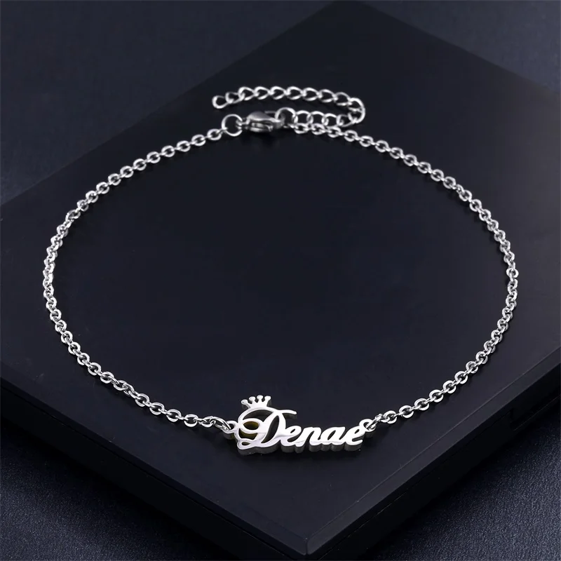 Corona con nombre personalizado tobillera de mujer, estilo bohemio, cadena de pierna de acero inoxidable Chapado en plata, pulsera de tobillo para mujer, joyería para pies