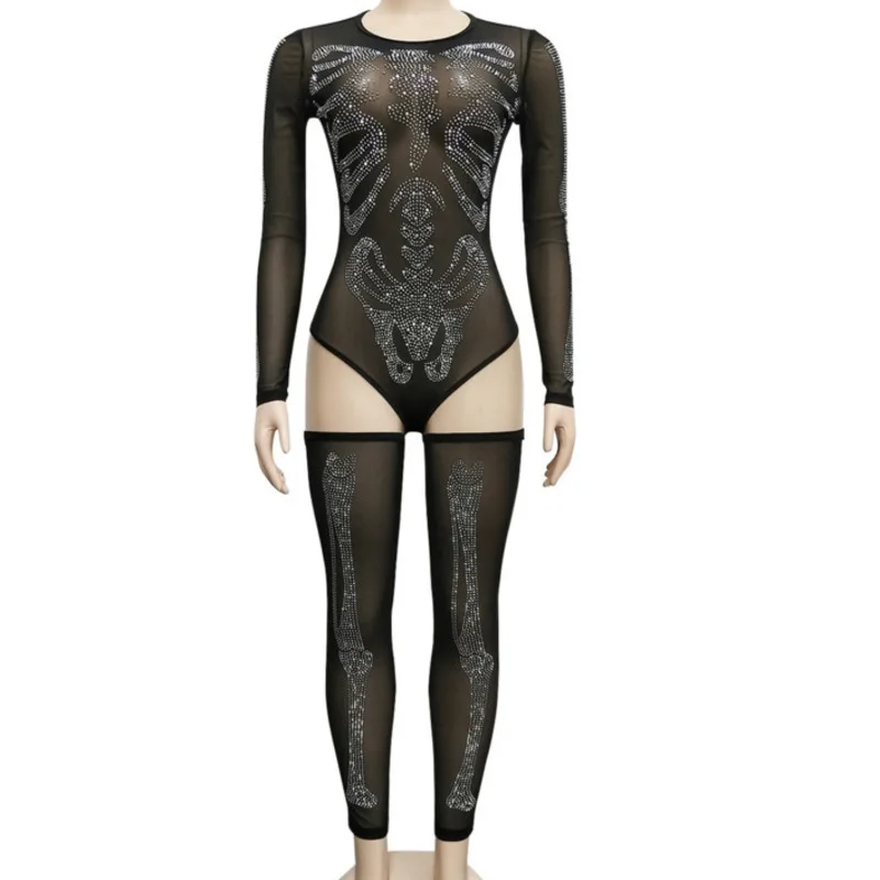glitter Hot Drilling black mesh jumpsuit sexy transparent long sleeve rompers womens bodysuit women macacao feminino overalls - Цвет: black