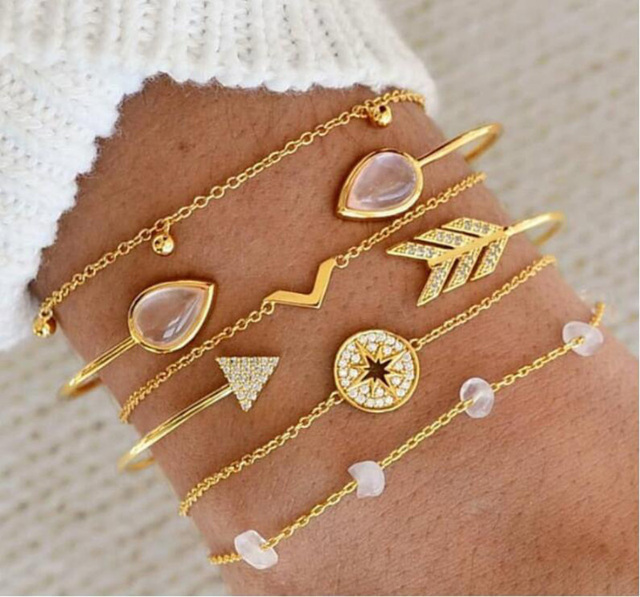 Bohemian Stone beads chains bracelets Set For Women Metal Heart Round Tassel charm Bangle Fashion Jewelry