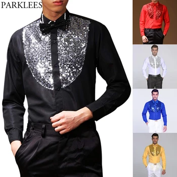 

Mens Wing Tip Collar Sequin Patchwork Shirt with Bowtie 2019 Brand New Black Western Cowboy Shirt Men Dance Disco Prom Costume