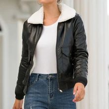 Sfit Женская осенне-зимняя короткая куртка из искусственной кожи с флисовой подкладкой на молнии теплая короткая куртка из овечьей шерсти