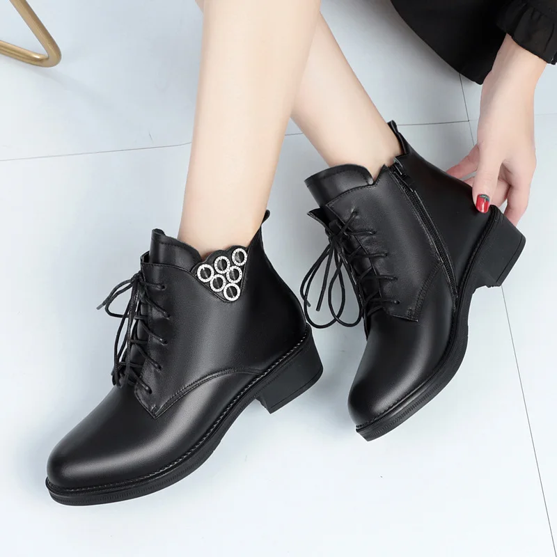 Wool Women Snow Boots Warm Fur Warm Plush Solid Fashion Ankle Boots High Heel Leisure Genuine Leather Women Winter Boots