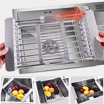 

Stainless Steel Dish Drainer Adjustable Arms Holder Functional Kitchen Sink Organizer Vegetable Fruit Drying Dish Rack