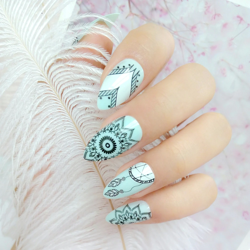 

Lady Short Stiletto False Nails Dream Catcher Press On Artificial Fake Nails With Design DIY Full Cover Tips Manicure Tool