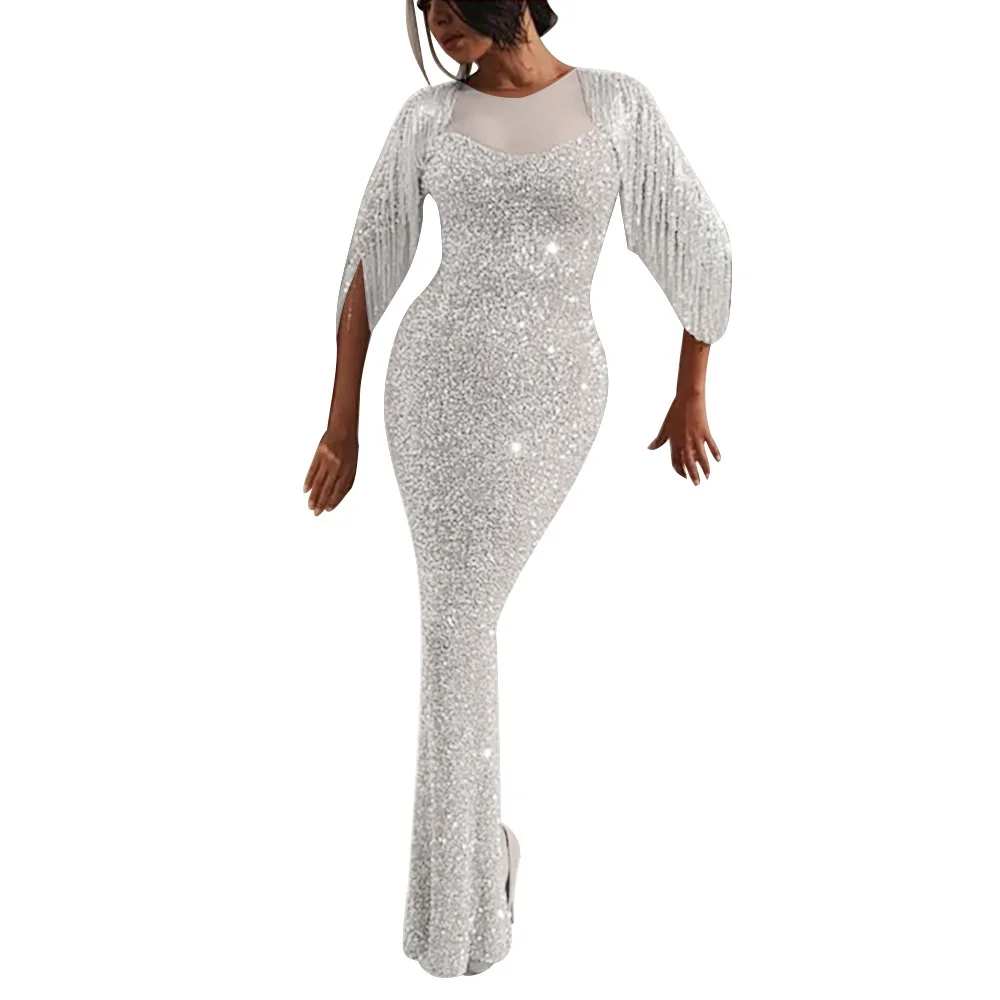 Осень 2019 модное сексуальное блестящее вечернее платье макси рыбий хвост