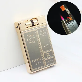 

Unusual Luxury Gold Brick Jet Metal Lighter Torch Turbo Grinding Wheel Butane Gas Lighters Flint Inflated Gasoline Oil Lighter