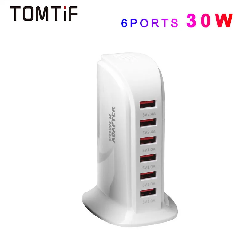 

Tomtif 30W Mobile Phone Chargers 6 Ports USB Charging Station Automatic Identify 2.4A Fast Charge Multi HUB USB Desktop Charger