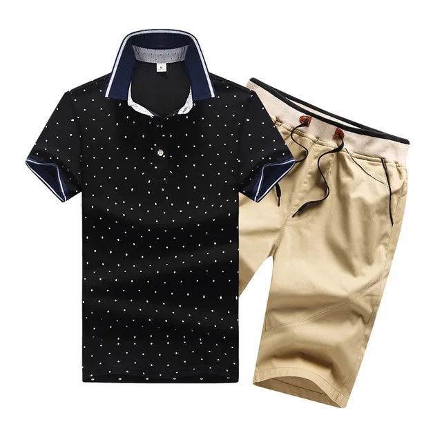 Для мужчин комплект Повседневное летние однотонные Slim Fit костюм Для мужчин s поло+ шорты, комплекты из 2 предметов Нью-Джерси Фитнес спортивный костюм для мальчиков, из дышащего материала - Цвет: FK082 Black Khaki