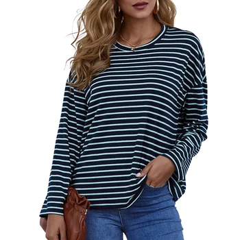 

Women Autumn Loose T-shirt, Adults Casual Style Long Sleeve Round Neck Striped Pullover