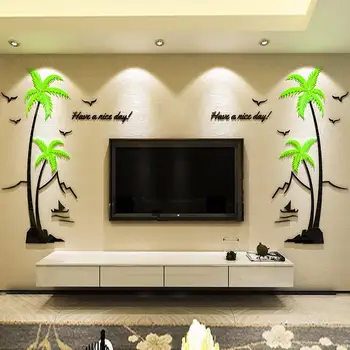

3d Acrylic Wall Stickers Coconut Tree Decals Tv Background Decor 1 Piece Diy Wall Decals Living Room Wallpaper Home Decor W