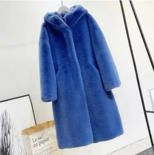 Blue Пальто с мехом Женская средней длины утолщенный зимний имитация воды бархатное платье с мехом Большие размеры Свободная куртка с капюшоном пальто Parker для женщин - Цвет: Blue