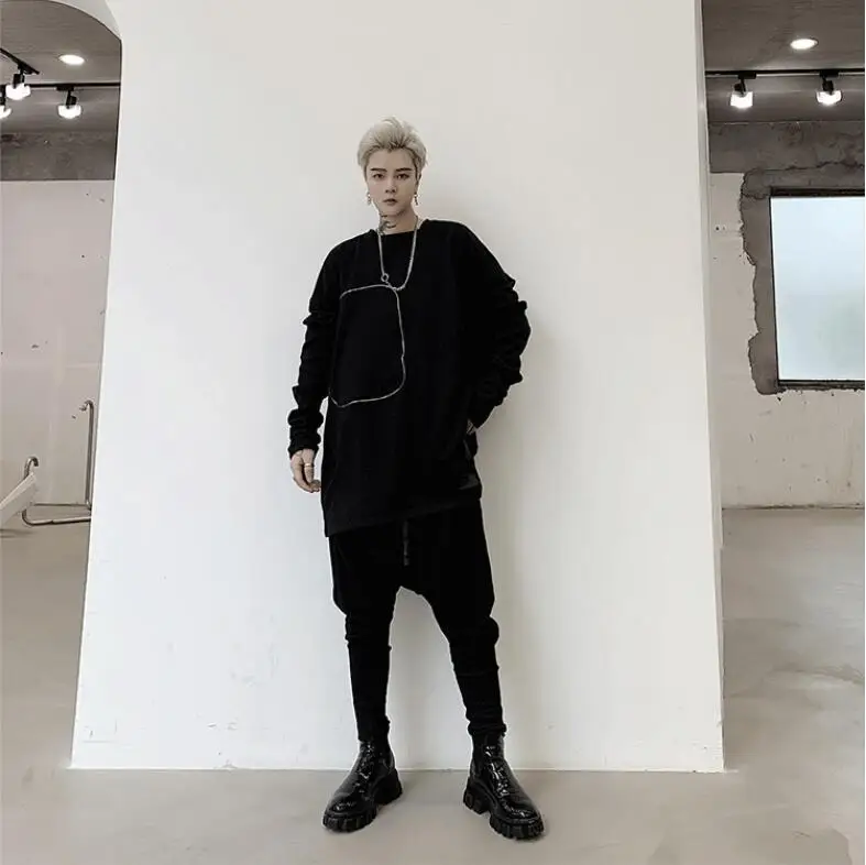 M-XL! Весенняя темная индивидуальная Мужская свободная хип-хоп футболка с длинным рукавом и декоративной молнией