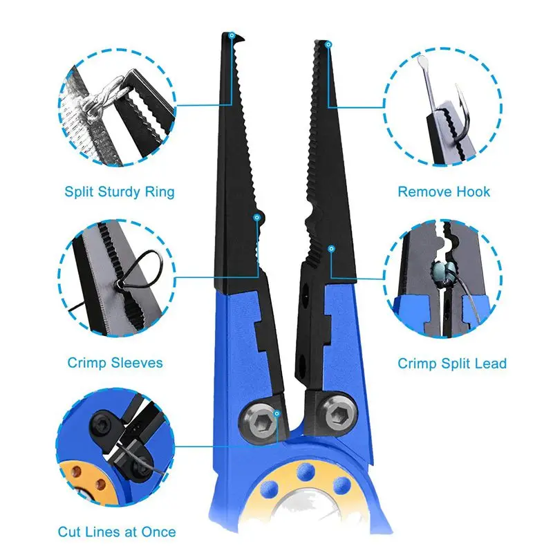 Aluminum Fishing Pliers Braid Cutters Split Ring Pliers Saltwater/Freshwater Fish Hook Remover Fish Holder with Sheath and Lanya