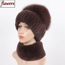 2021 Russian Women Winter Real Rex Rabbit Fur Hat Scarf 2 Pieces Knitted Rex Rabbit Fur Hat Top Natural Fox Fur Cap Scarves Sets
