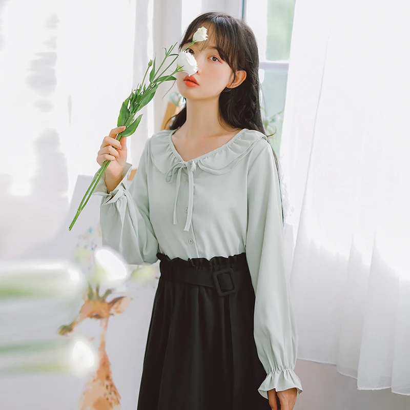 

COIGARSAM Office Lady Full Sleeve blouse women New Spring Chiffon Solid blusas womens tops and blouses White Green 9105