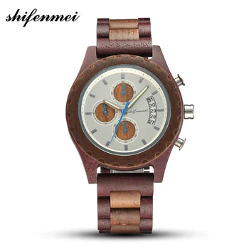 

Shifenmei New Men's wooden Watch Military Wrist watch three-eye hominum lignum novam rem vigilia Holiday anniversary gift father