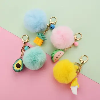 

New Creative Avocado Banana Key Chains Fashion Fruit Fur Ball Key Chain Bag Hang Decoration Creative Car Accessories