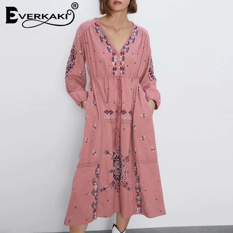 Everkaki, женские длинные платья, бохо, с вышивкой, Осенние, с карманами, с поясом, хлопок, Vestido, свободные, Ретро стиль, для девушек, макси, платье для женщин, новинка - Цвет: Pink