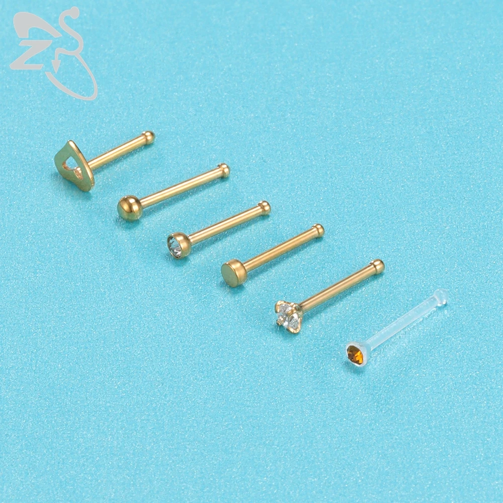 ZS 6-34pcs/Lot Heart Round Nose Piercing Ring Set Stainless Steel Crystal Nose Stud Pack L Shape Nose Nails Piercing Jewelry 20g