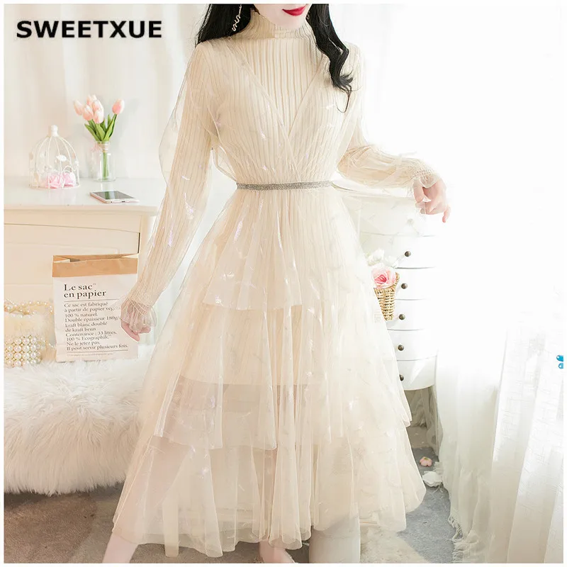 SWEETXUE, женский осенне-зимний комплект, длинный вязаный свитер с длинным рукавом, топы+ элегантное Сетчатое платье, костюмы из 2 предметов, Vestidos De Festa