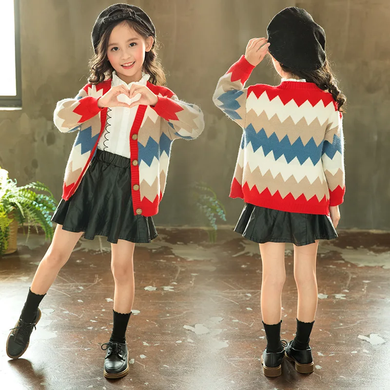 

Girls Spring And Autumn Western Style Contrast Color Knitted Cardigan Sweater Big Boy Spring And Autumn New Style Autumn Yarn Ki