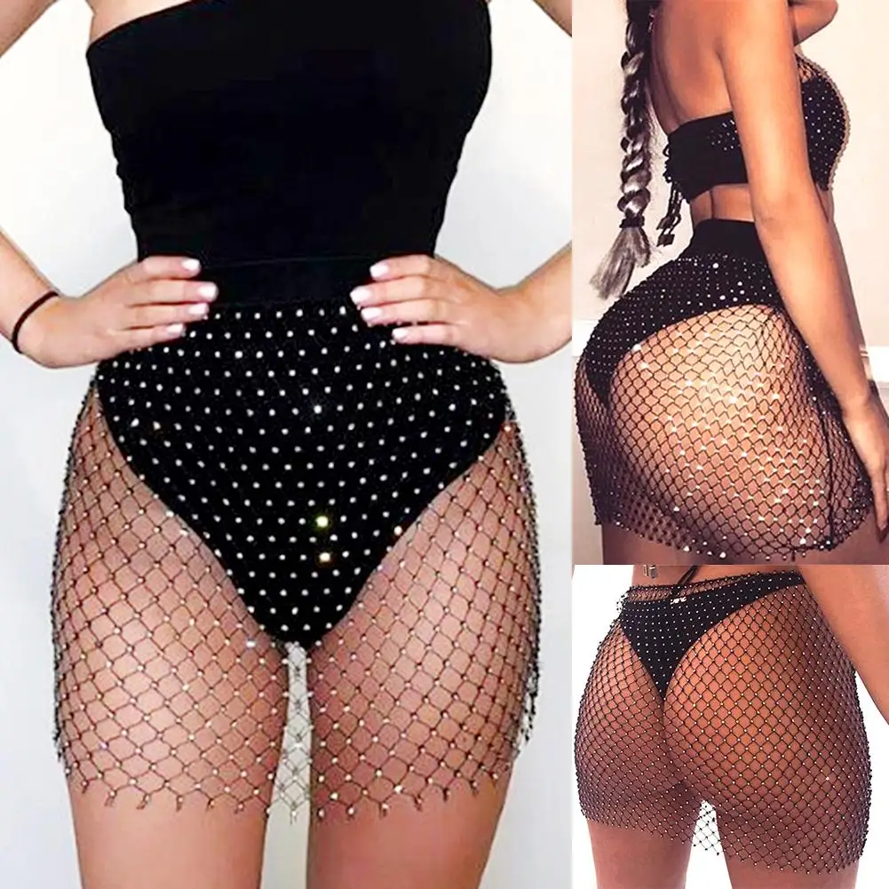 

Women Hollow Out Rhinestone Bodycon Dress Fishnet Mesh Design Party Wear Skirt