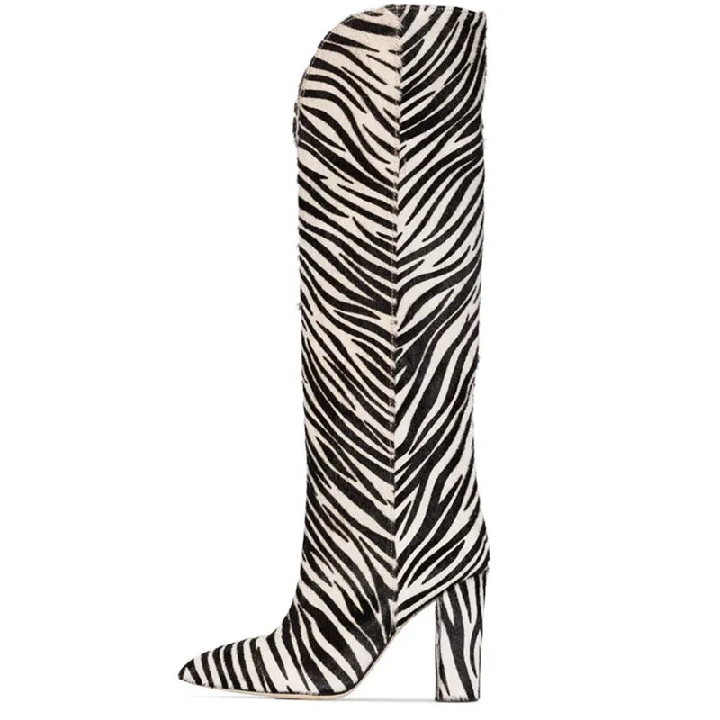 zebra stripes Женские сапоги до колена с рисунком зебры; качественные женские сапоги из флока на каблуке; botas mujer; женские сапоги на массивном высоком каблуке в полоску; брендовая Дизайнерская обувь для выпускного бала - Цвет: zebra stripes
