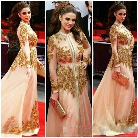 Formal Celebrity Dresses A-line Long Sleeves Tulle Appliques Beaded Long Famous Red Carpet Dresses