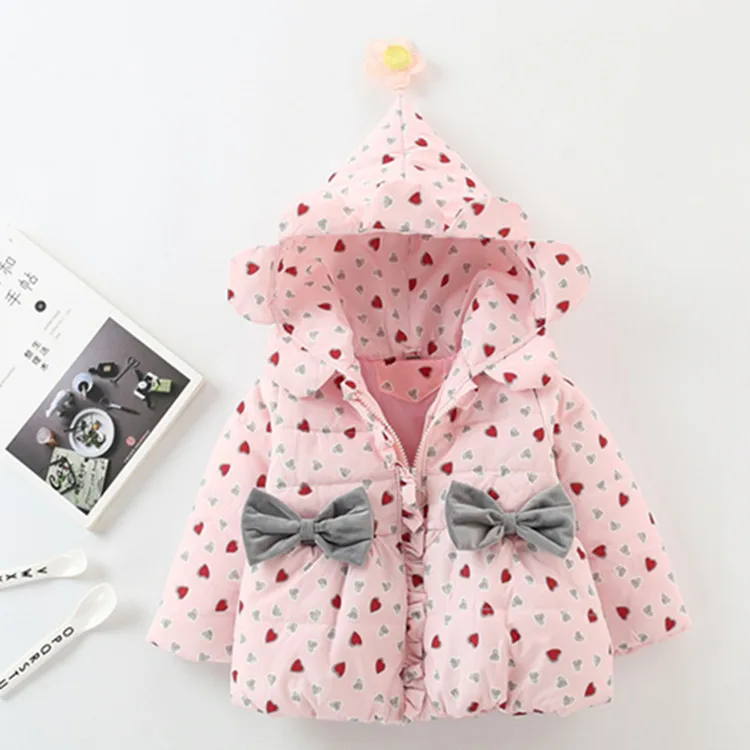 

Girls Padded Cotton Clothes Thick Warm Autumn And Winter Children Printed Heart Hooded Cotton Coat Baby Girls Long-sleeved Cardi