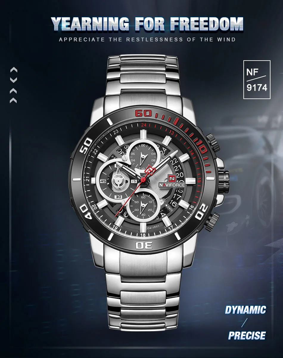NAVIFORCE, мужские часы, новинка, спортивные мужские наручные часы, лучший бренд, Роскошные, серебряные, военные, хронограф, нержавеющая сталь, кварцевые мужские часы 9174