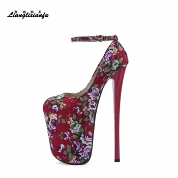

LLXF Stiletto Catwalk Shows Nightclub Round Toe 22cm Thin Heels RED Shoes woman female platform Multicolor Ankle Strap SM Pumps