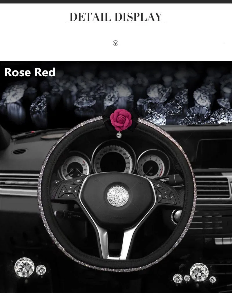 Чехол на руль Camellia Diamond из искусственной кожи, автомобильные аксессуары для руля для женщин, девушек, леди, хрустальные стразы, чехол на руль автомобиля