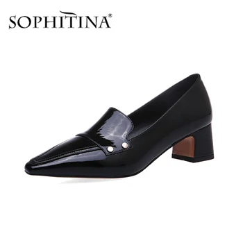 

SOPHITINA Women Fashionable New Pumps Square Toe Med Square Heel Patent Leather Slip-On Solid Shoes Casual Concise Pumps PO401