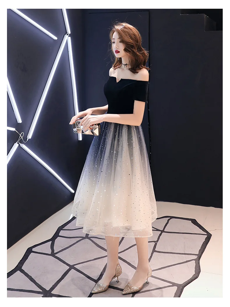 Banquet Evening Dress 2020 New Fashion Off the Shoulder Short Sleeve Gradient Prom Party Dress Sequins Tea Length green evening dress