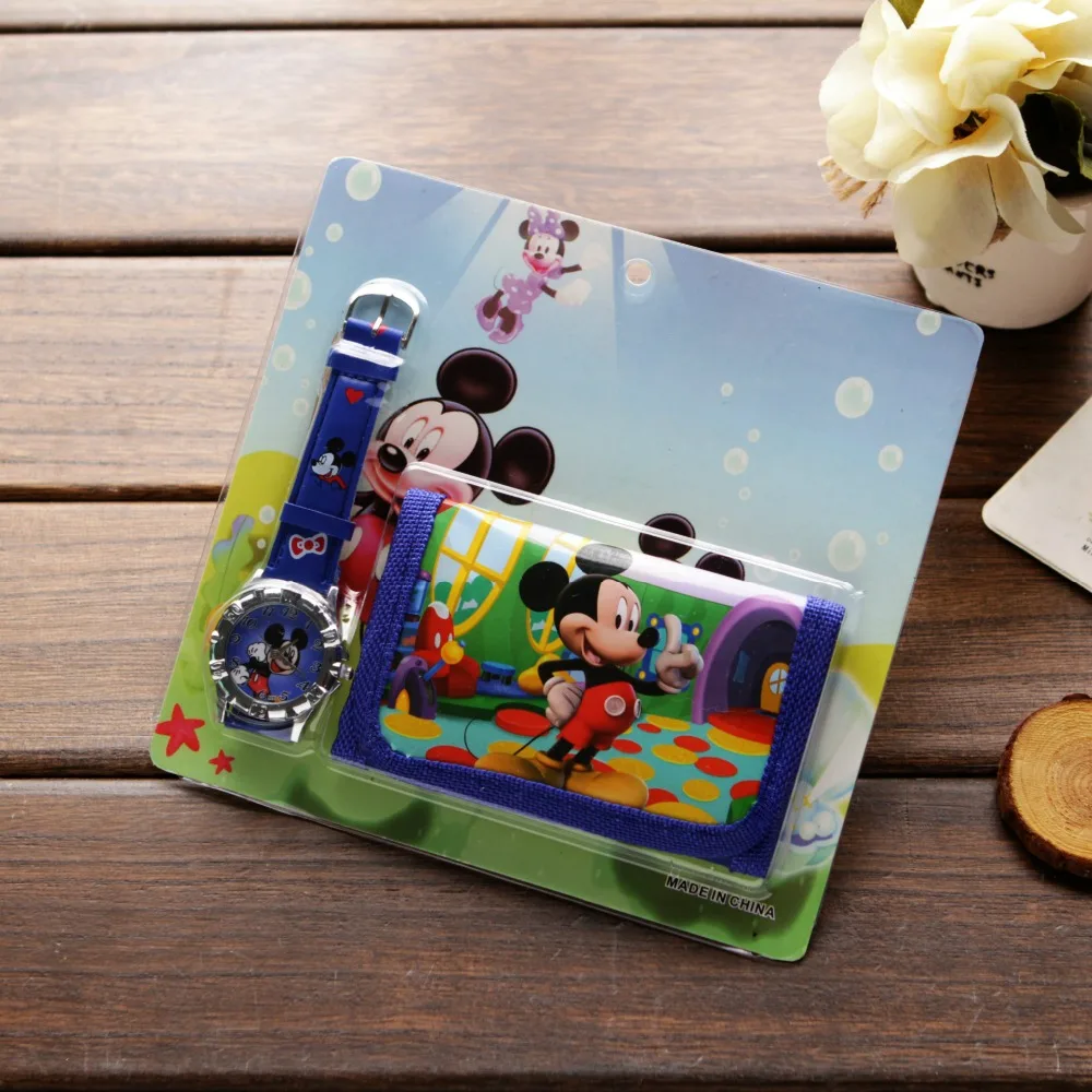 New Children Cartoon Wallet Watch Set Spiderman Mickey Minnie Watches Students Birthday Gifts Quartz Leather Clock afbeelding