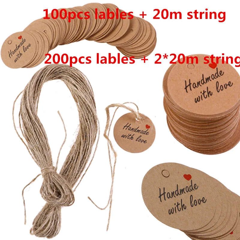 100Pcs / 200pcs Handmade Love Labels Hang Tags Blank Kraft Paper With 20m / 40m Strings Tag Labels Party Christmas Favors Gifts