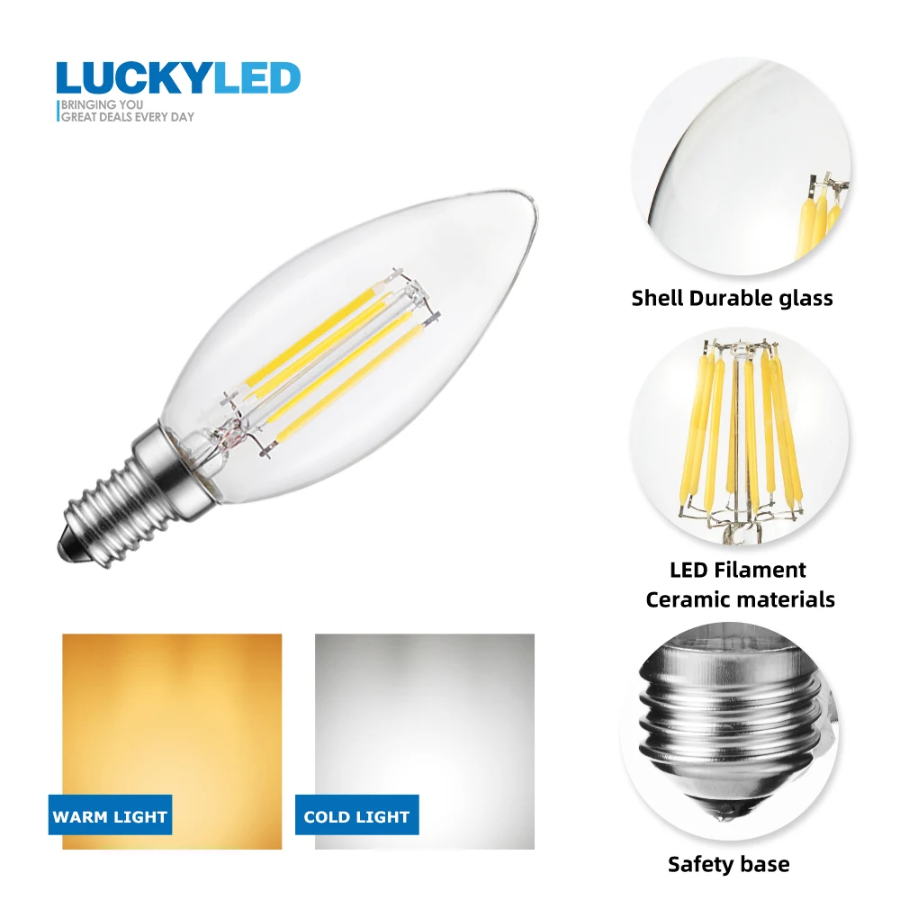 LUCKYLED Ретро C35 E14 Светодиодный светильник в форме свечи 2 Вт 4 Вт 6 Вт 220 В светодиодный светильник с регулируемой яркостью винтажный светильник накаливания лампа для люстры светильник ing