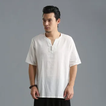 

EWQ / men's wear 2020 summer new trendy comfortable T-shirt vintage V-neck loose fashion cotton linen short-sleeved tops 9Y1223