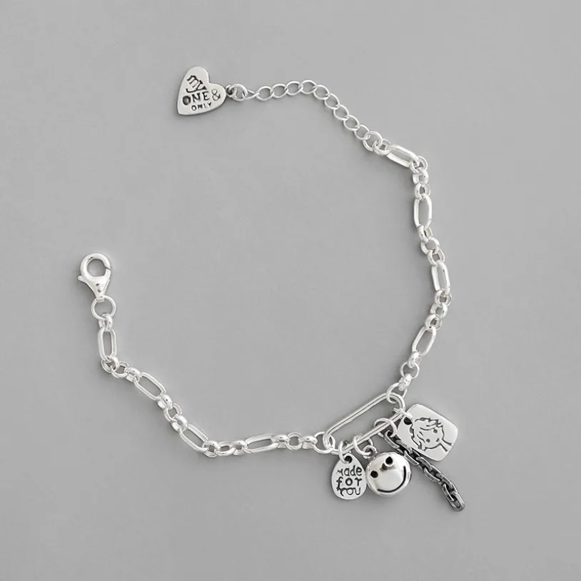 925 пробы Серебряный смайлик бирка кулон браслет для женщин тайское серебро ручной работы звено цепи браслеты на руку ювелирные изделия