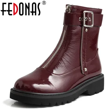 

FEDONAS Zipper Motorcycle Boots New Female Cow Patent Leather Buckle Short Boots Warm Women Ankle Boots Night Club Shoes Woman