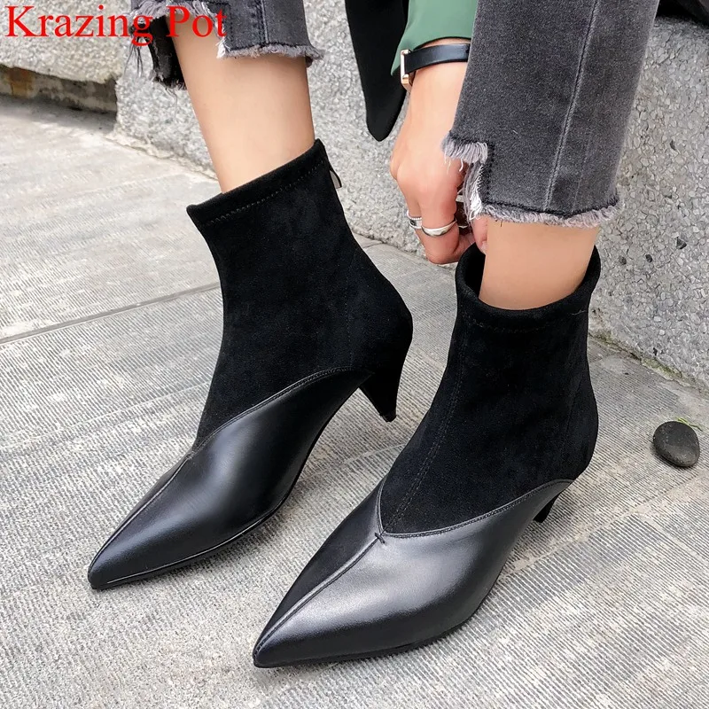 

Krazing pot cow leather pointed toe comfortable zipper high heels ankle boots runway office lady party casual winter shoes L61