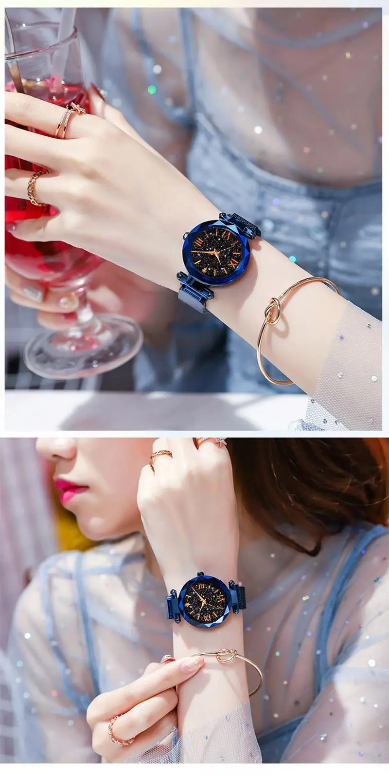 Women Luxury Starry Sky Watch Rose Gold Megnet Mesh Band Quartz Wristwatch Ladies Magnetic Fashion Bracelet Watches Dress Clock