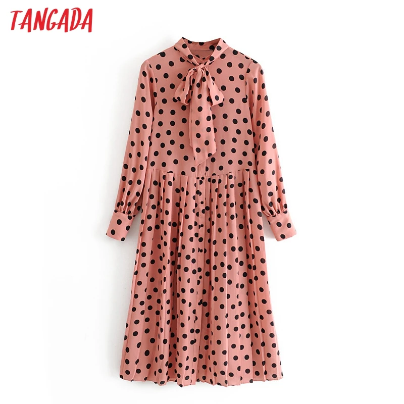 Online Tangada mujer rosa puntos impresión midi vestido pajarita cuello 2019 manga larga Mujer vintage casual vestido plisado vestidos 3H21