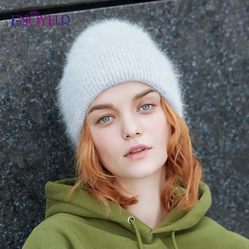 ENJOYFUR Winter Hats for Women Warm Long Rabbit Fur Hair Female Caps Fashion Solid Colors Wide Cuff Young Style Beanies 2